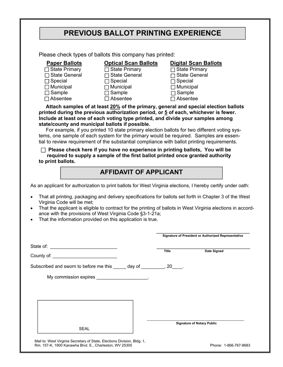 Form B-1 Application for Certificate of Authority to Print Ballots in West Virginia Elections - West Virginia, Page 2