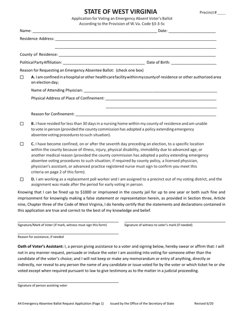 Application for Voting an Emergency Absent Voter's Ballot - West Virginia Download Pdf