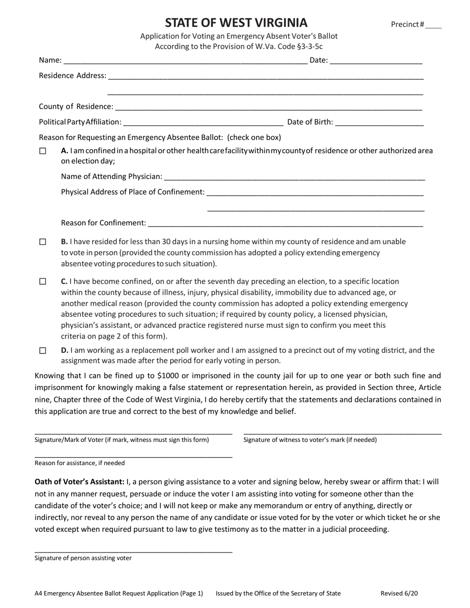 Application for Voting an Emergency Absent Voters Ballot - West Virginia, Page 1