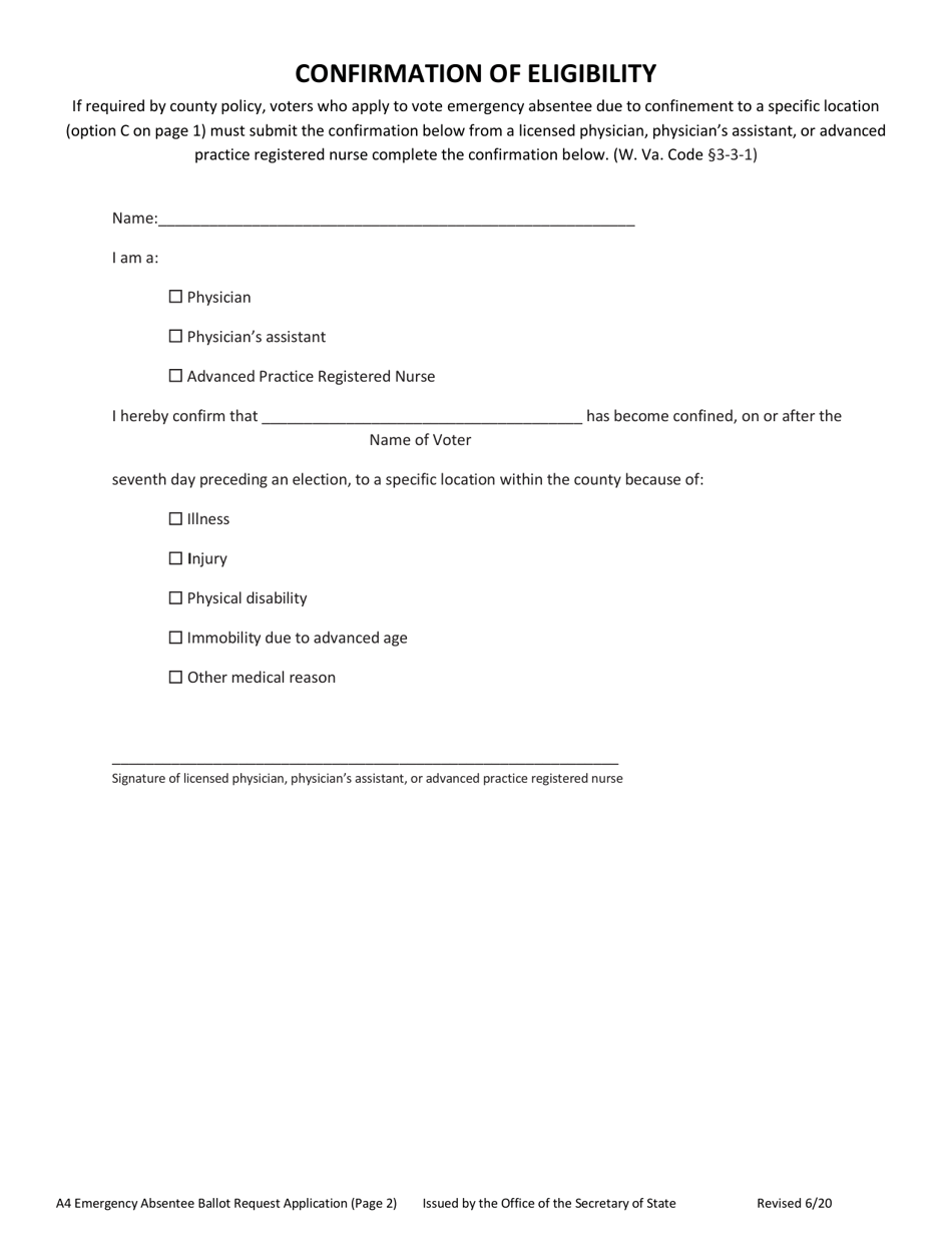 Application for Voting an Emergency Absent Voters Ballot - West Virginia, Page 2