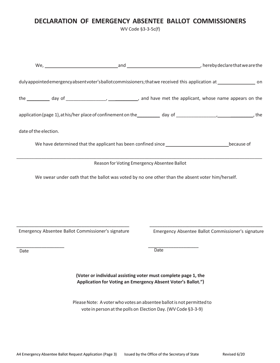 West Virginia Application for Voting an Emergency Absent Voter's Ballot ...