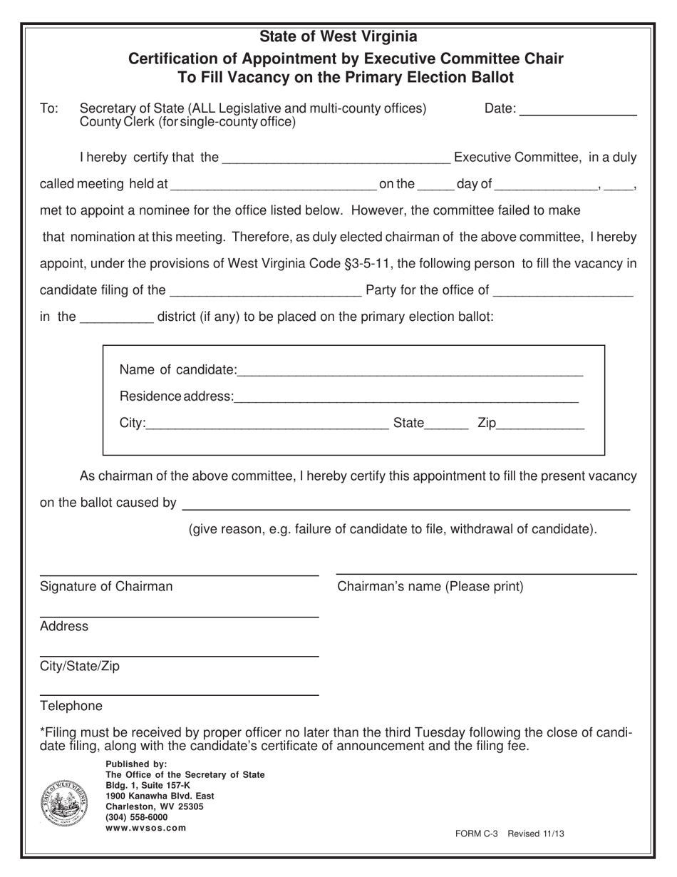 Form C-3 Certification of Appointment by Executive Committee Chair to Fill Vacancy on the Primary Election Ballot - West Virginia, Page 1