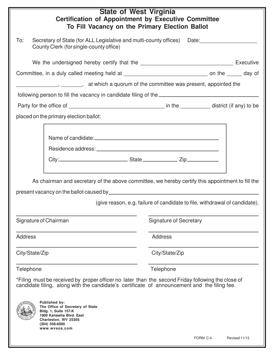 Form C-4 Certification of Appointment by Executive Committee to Fill Vacancy on the Primary Election Ballot - West Virginia, Page 1
