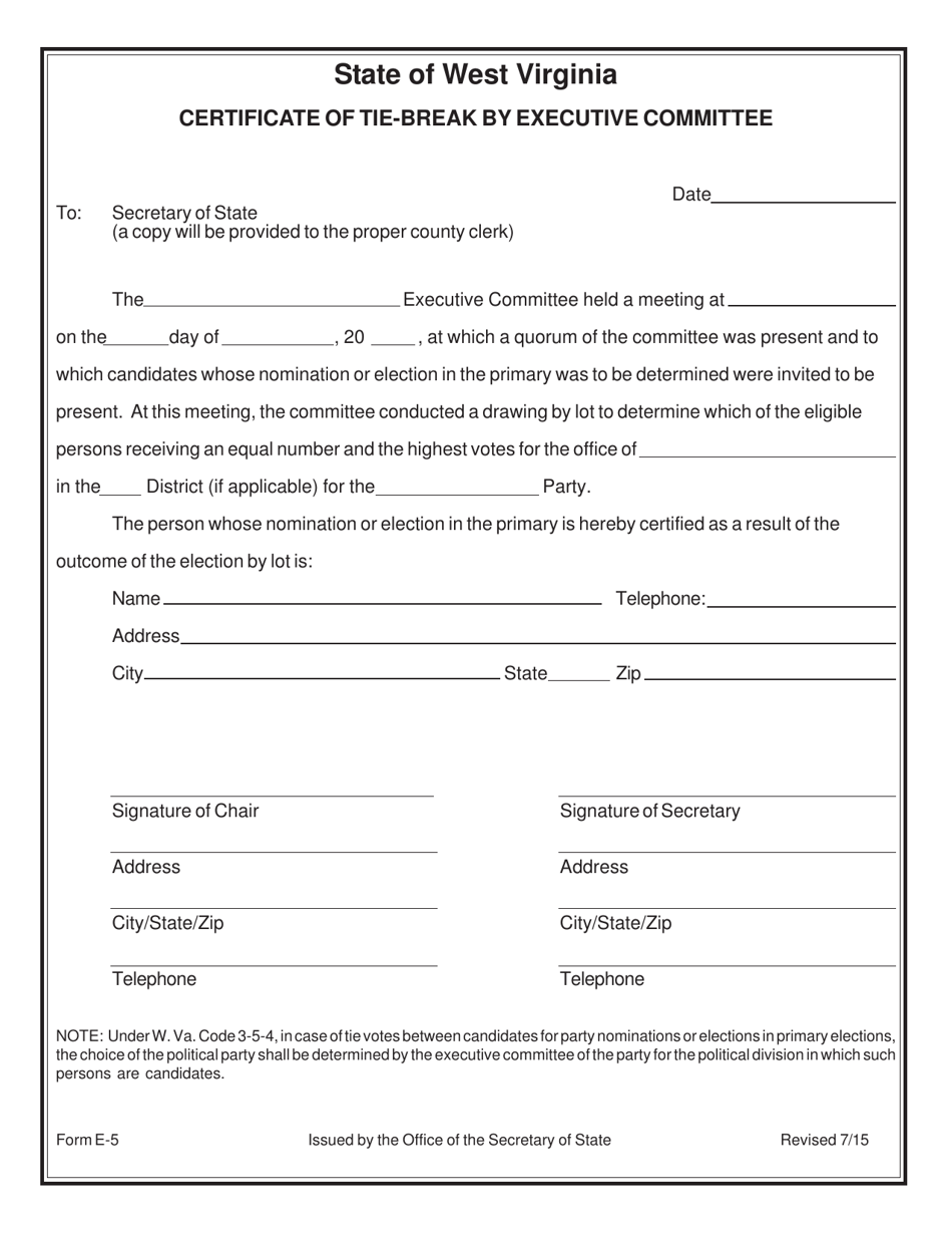 Form E-5 Certificate of Tie-Break by Executive Committee - West Virginia, Page 1