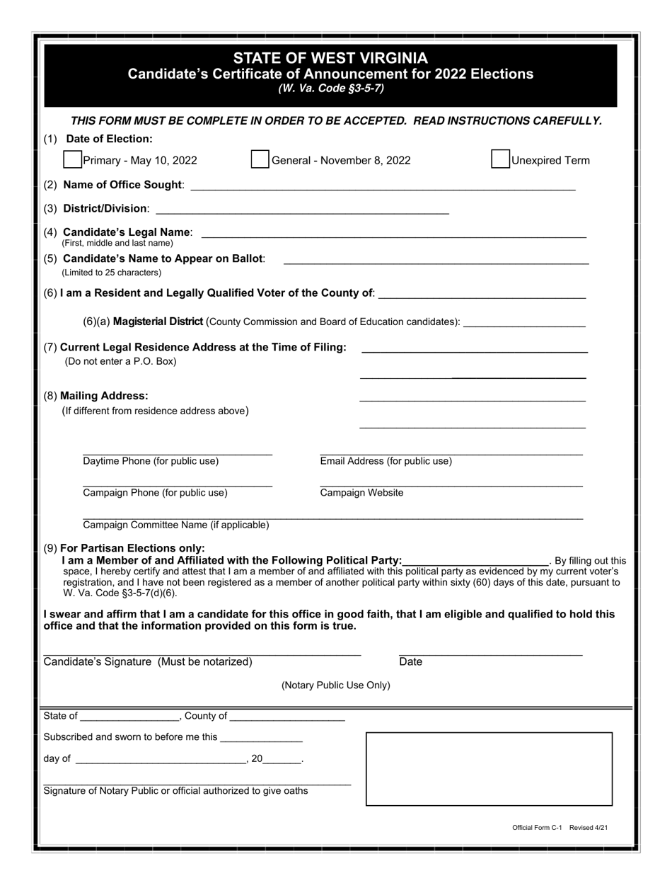 Official Form C-1 Candidates Certificate of Announcement - West Virginia, Page 1