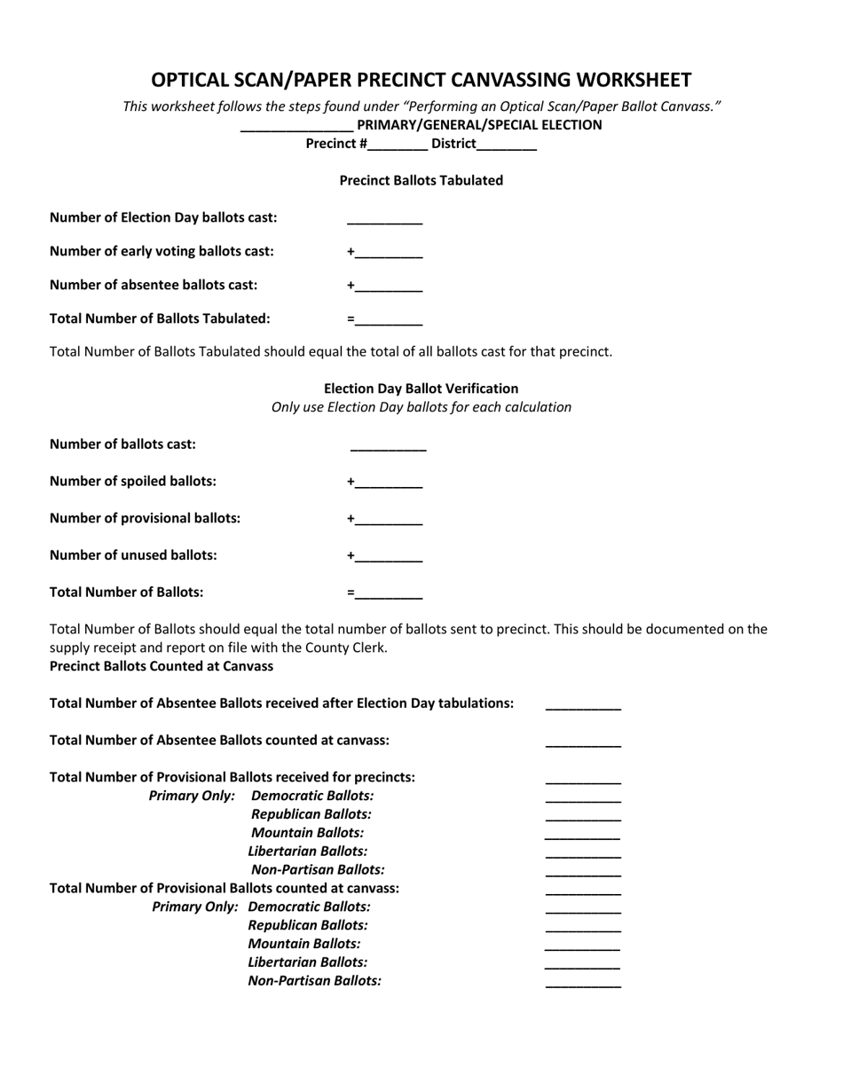 Optical Scan / Paper Precinct Canvassing Worksheet - West Virginia, Page 1