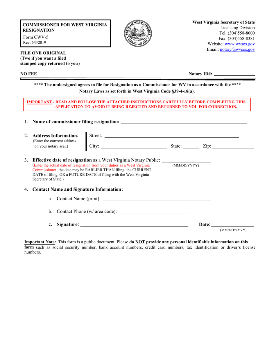 Form CWV-5 Commissioner for West Virginia Resignation - West Virginia, Page 1