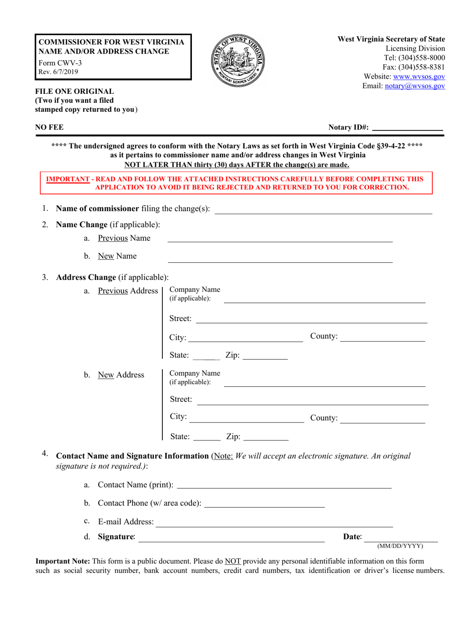 Form CWV-3 Commissioner for West Virginia Name and / or Address Change - West Virginia, Page 1