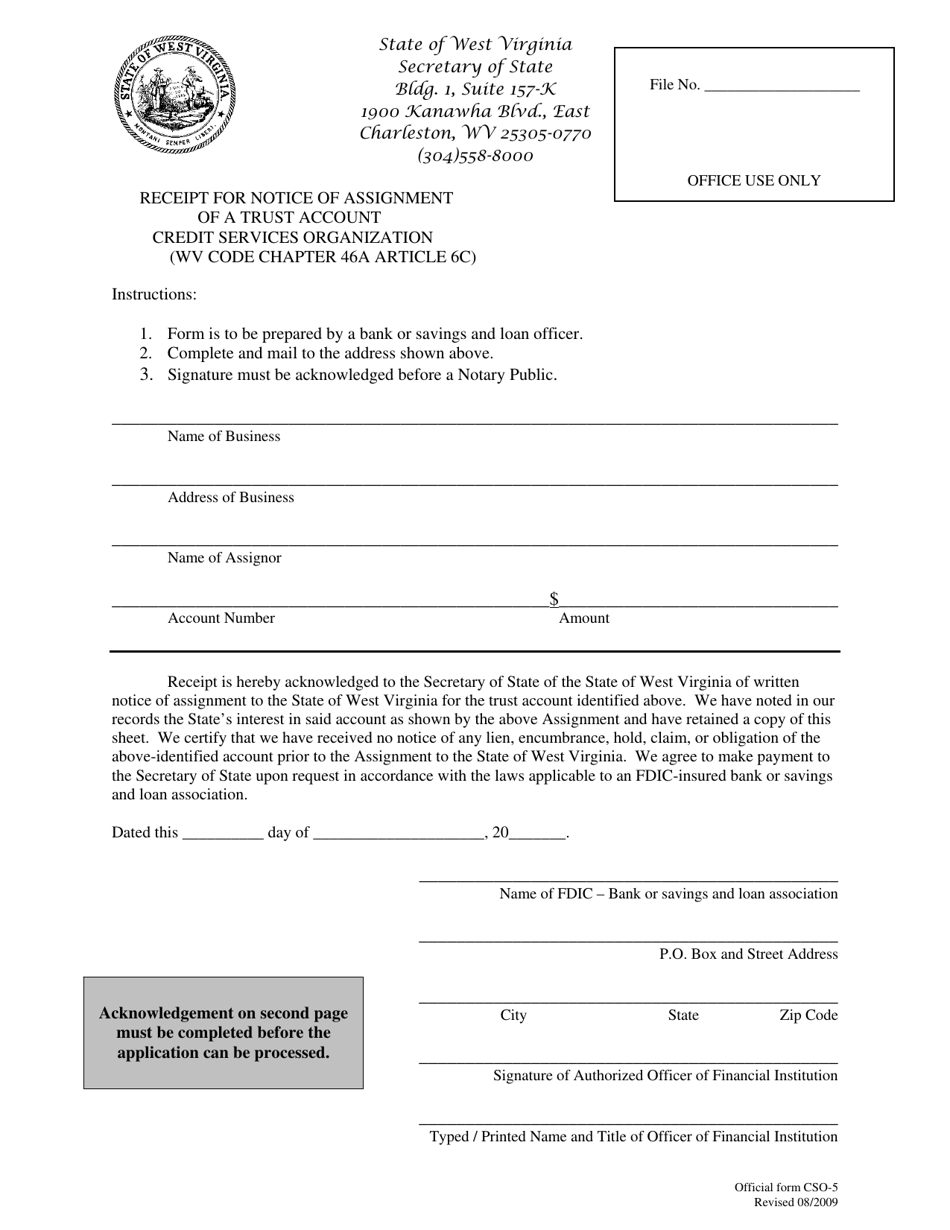 Official Form CSO-5 Receipt for Notice of Assignment of a Trust Account Credit Services Organization - West Virginia, Page 1