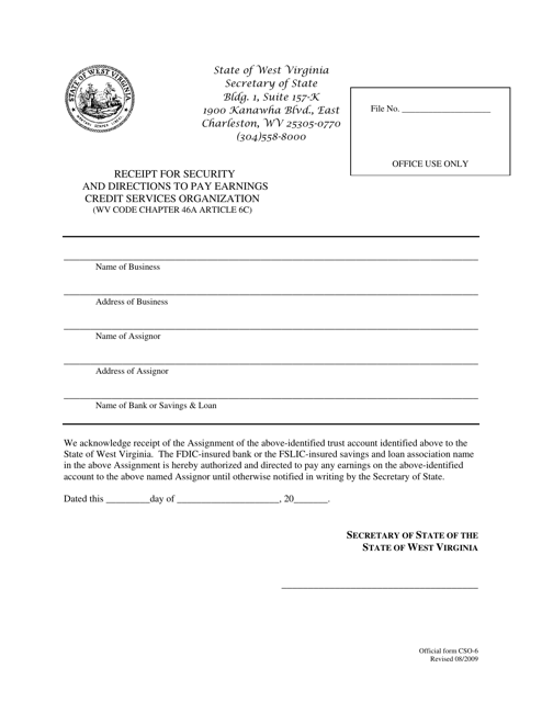 Official Form CSO-6 Receipt for Security and Directions to Pay Earnings Credit Services Organization - West Virginia