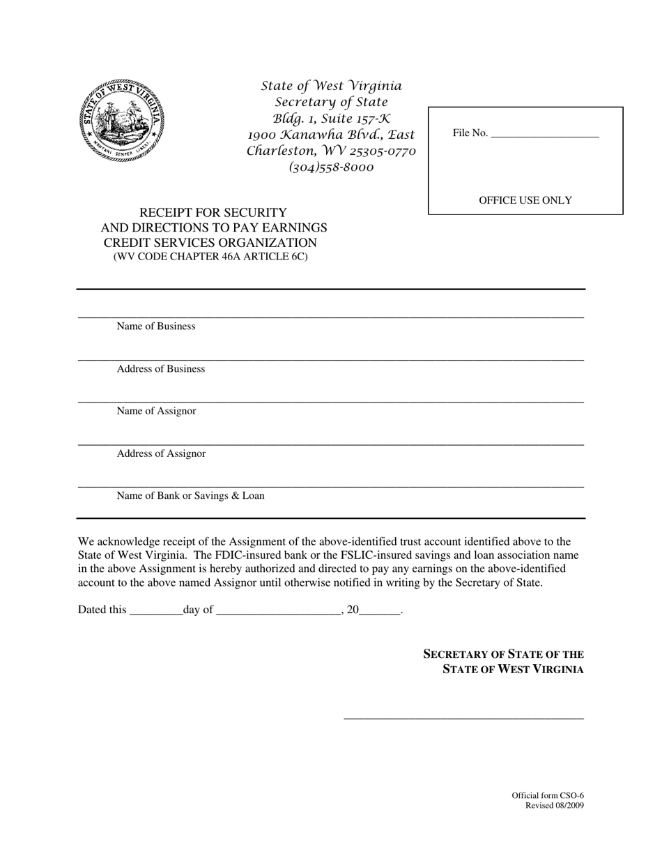 Official Form CSO-6 Receipt for Security and Directions to Pay Earnings Credit Services Organization - West Virginia, Page 1