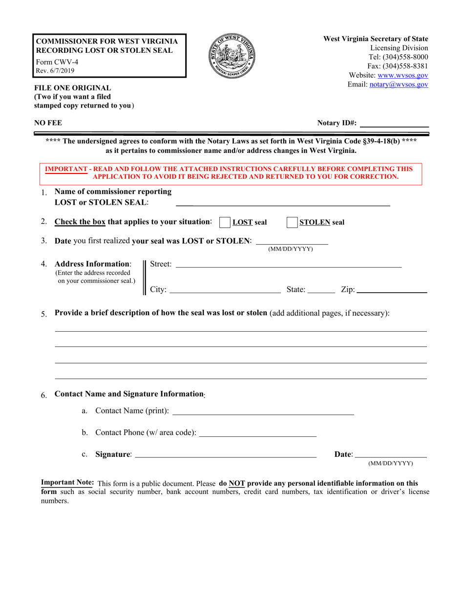 Form CWV-4 Commissioner for West Virginia Recording Lost or Stolen Seal - West Virginia, Page 1