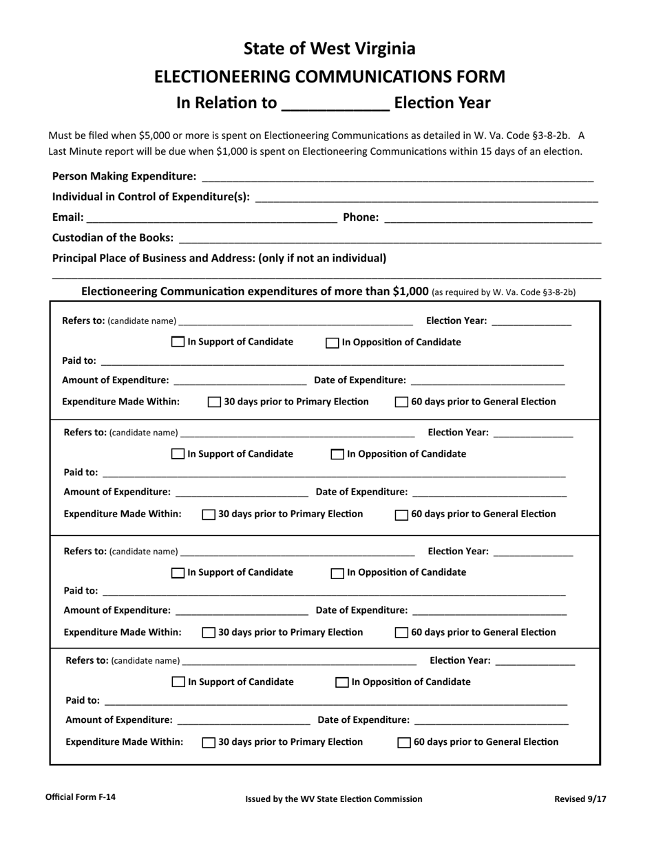 Official Form F-14 Electioneering Communications Form - West Virginia, Page 1