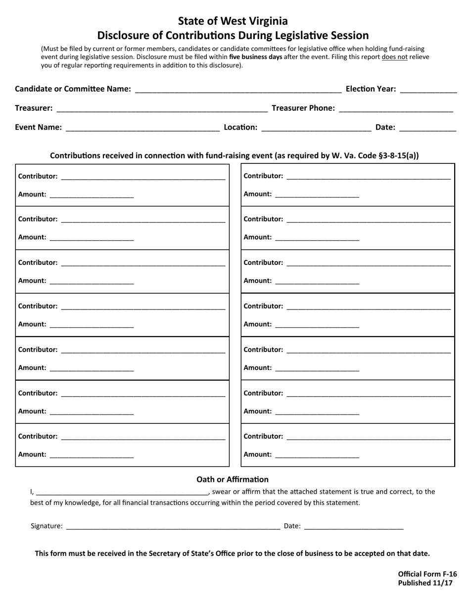 Official Form F-16 Disclosure of Contributions During Legislative Session - West Virginia, Page 1