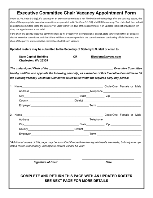 Executive Committee Chair Vacancy Appointment Form - West Virginia Download Pdf