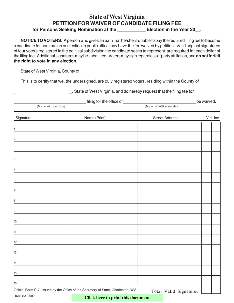 Official Form P-7 Petition for Waiver of Candidate Filing Fee - West Virginia, Page 1