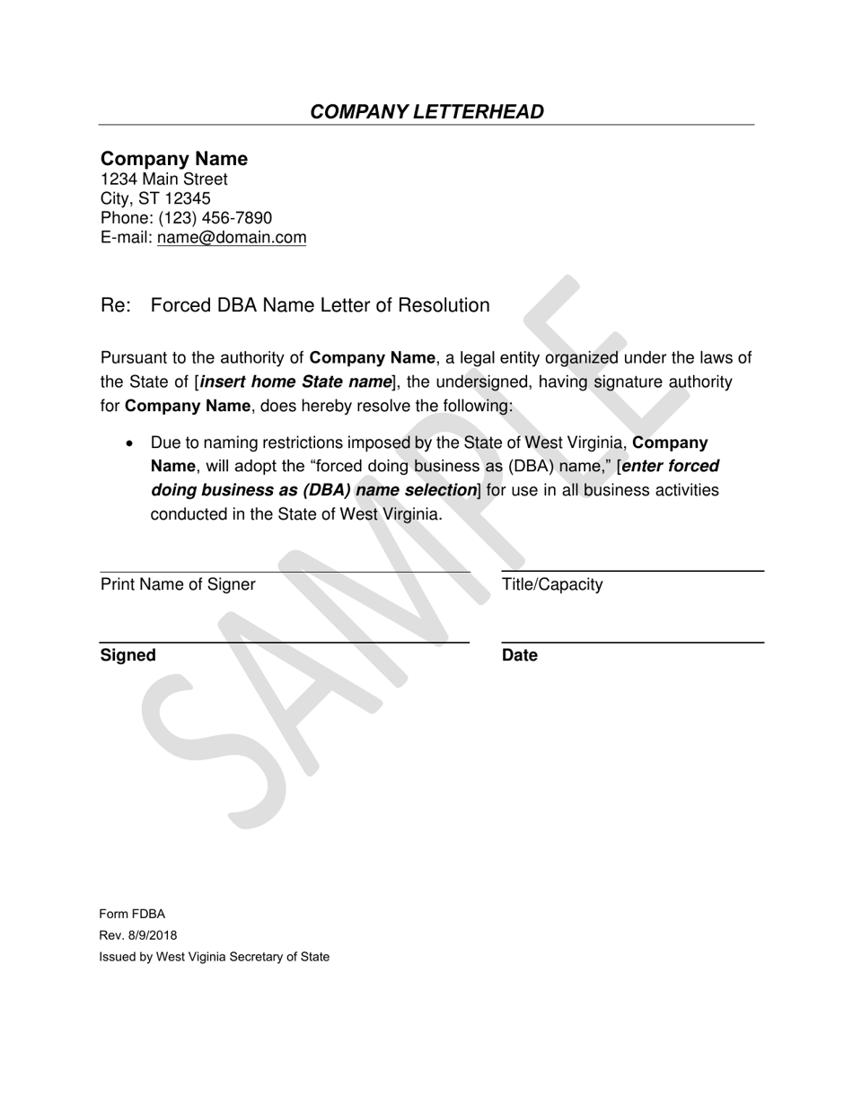 Form FDBA Forced Dba Name Letter of Resolution - Sample - West Virginia, Page 1