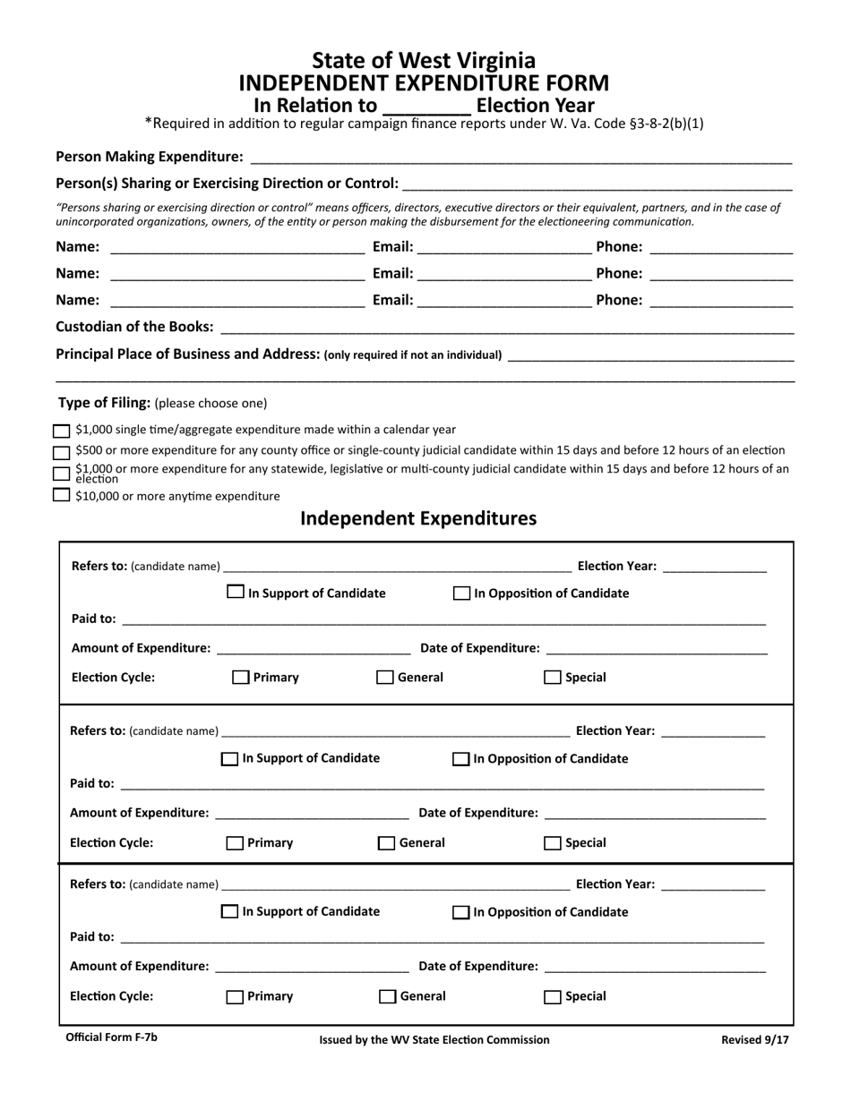 Official Form F-7B Independent Expenditure Form - West Virginia, Page 1