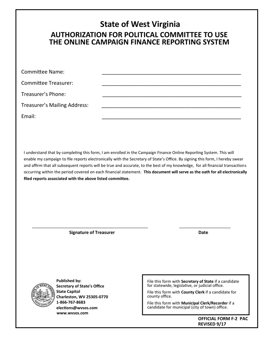 Official Form F-2 Authorization for Political Committee to Use the Online Campaign Finance Reporting System - West Virginia, Page 1