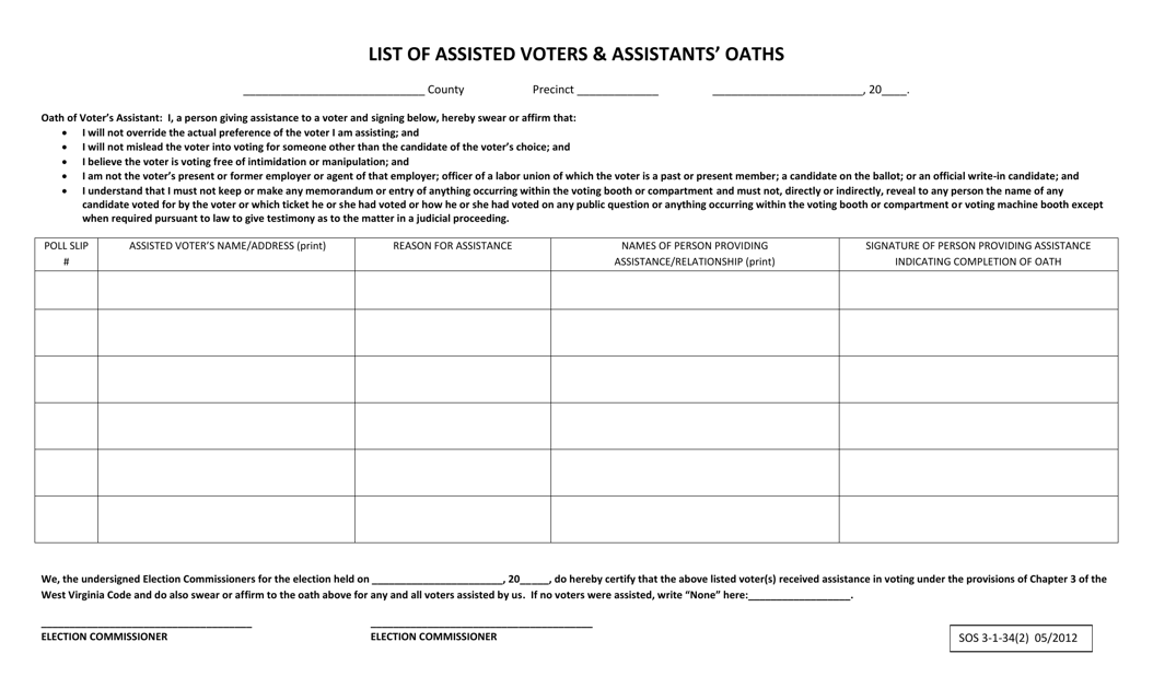 List of Assisted Voters & Assistants' Oaths - West Virginia Download Pdf