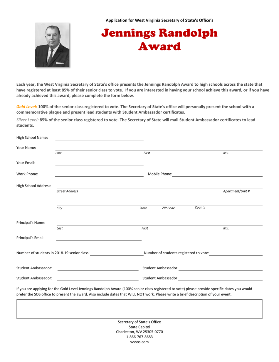 West Virginia Jennings Randolph Award Application Fill Out, Sign