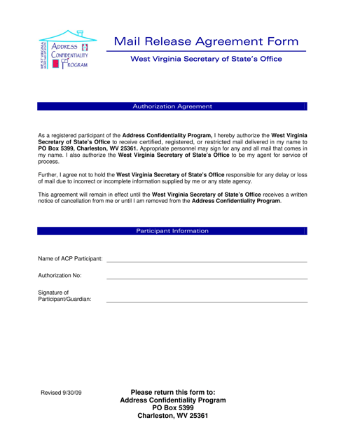 Mail Release Agreement Form - West Virginia Download Pdf