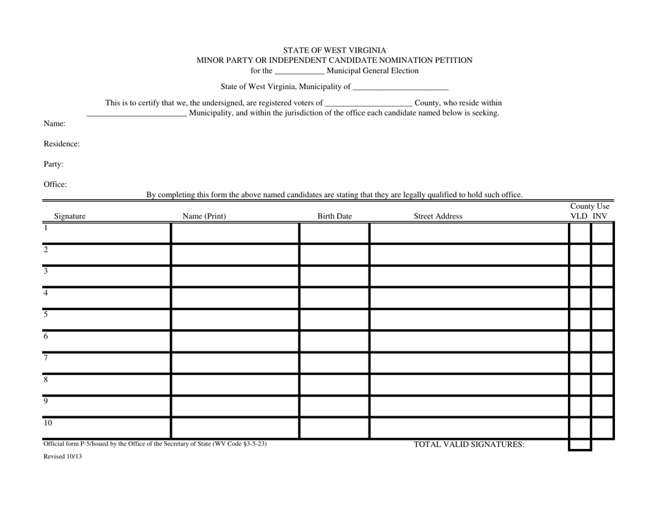 Official Form P-5 Minor Party or Independent Candidate Nomination Petition - Municipal - West Virginia, Page 1