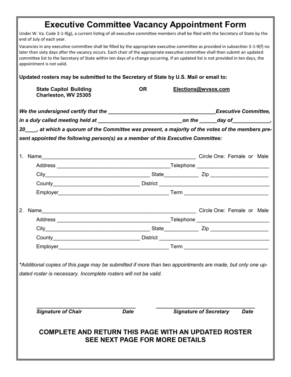 Executive Committee Vacancy Appointment Form - West Virginia, Page 1