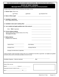 Document preview: Official Form C-7 Municipal Write-In Candidate's Certificate of Announcement - West Virginia