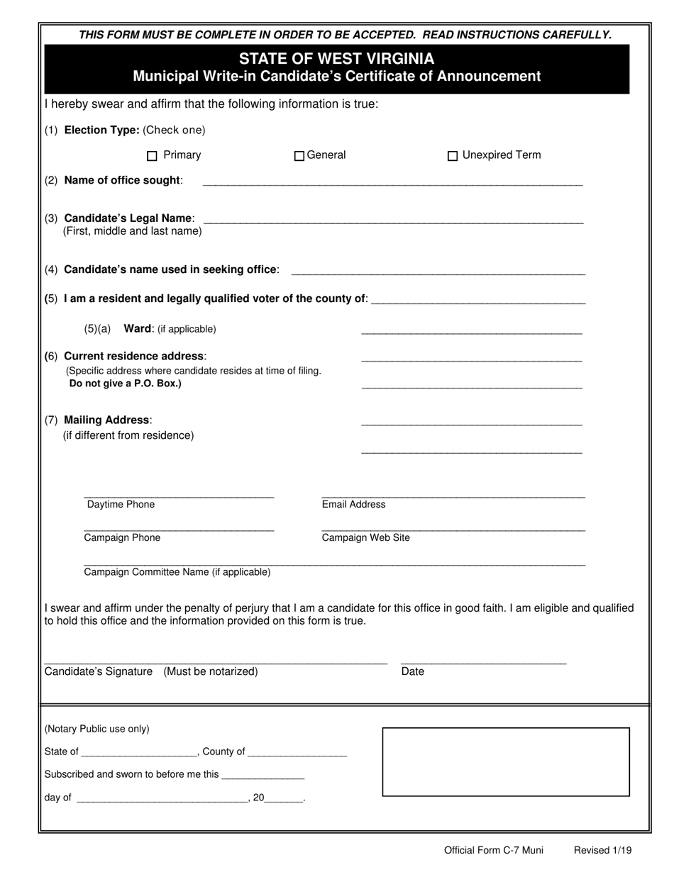 Official Form C-7 Municipal Write-In Candidates Certificate of Announcement - West Virginia, Page 1