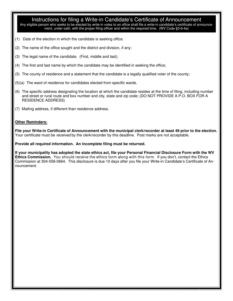 Official Form C-7 Municipal Write-In Candidates Certificate of Announcement - West Virginia, Page 2