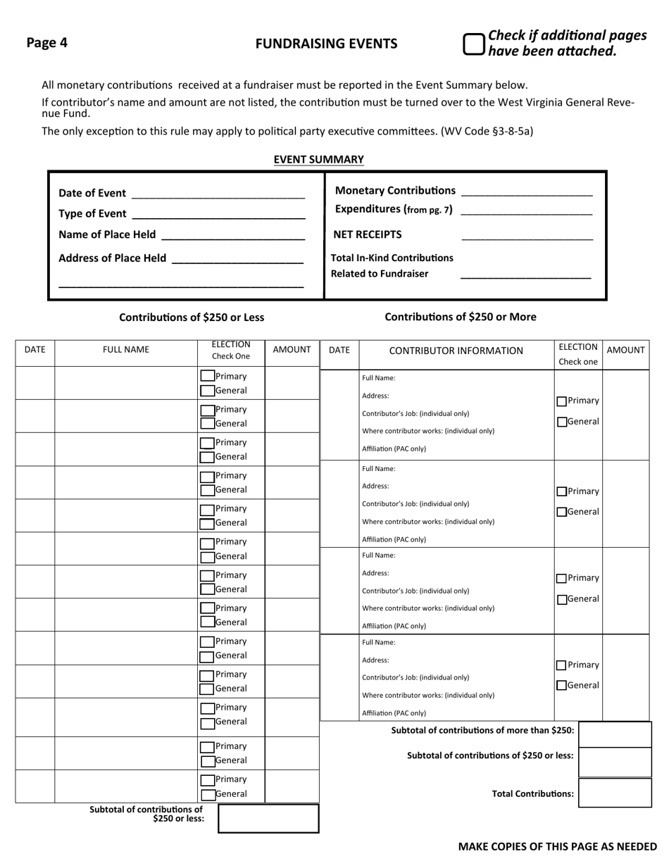 Official Form F-7 State of West Virginia Campaign Financial Statement (Long Form) - West Virginia, Page 4