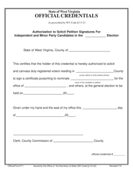 Official Form P-1 &quot;Official Credentials Authorization to Solicit Petition Signatures for Independent and Minor Party Candidates - Federal, State, County&quot; - West Virginia