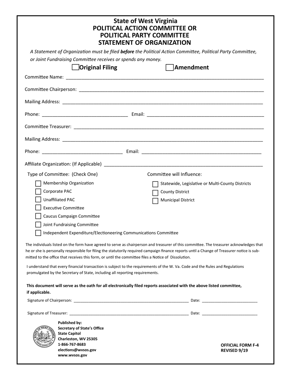 Official Form F-4 Political Action Committee or Political Party Committee Statement of Organization - West Virginia, Page 1