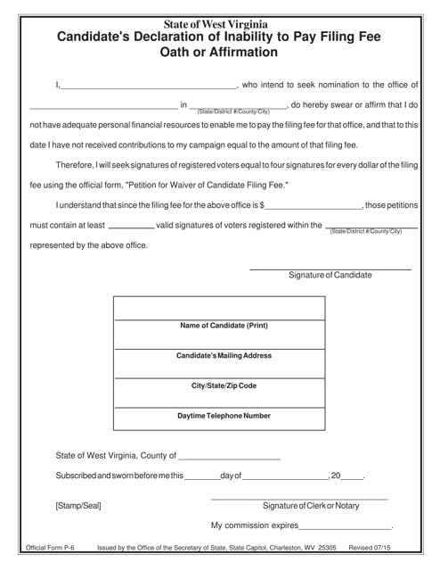 Official Form P-6 Candidate's Declaration of Inability to Pay Filing Fee Oath or Affirmation - West Virginia