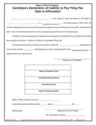 Official Form P-6 Candidate&#039;s Declaration of Inability to Pay Filing Fee Oath or Affirmation - West Virginia
