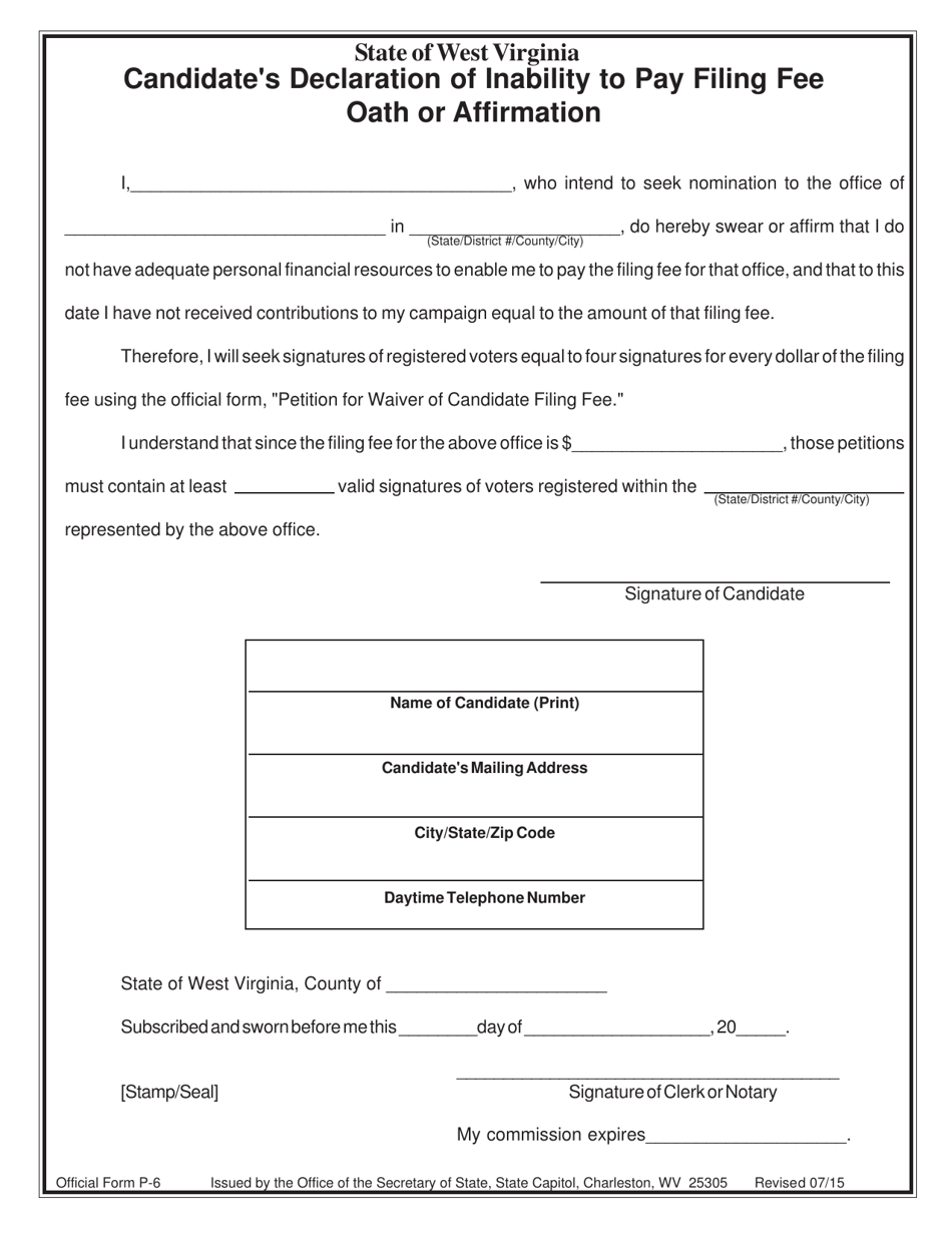 Official Form P-6 Candidates Declaration of Inability to Pay Filing Fee Oath or Affirmation - West Virginia, Page 1