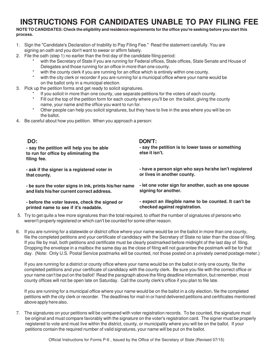 Official Form P-6 Candidates Declaration of Inability to Pay Filing Fee Oath or Affirmation - West Virginia, Page 2