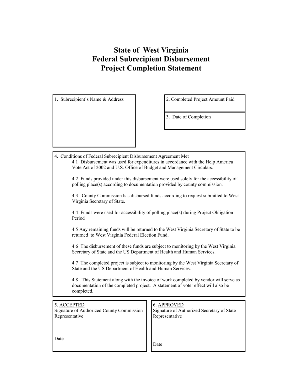 Federal Subrecipient Disbursement Project Completion Statement - West Virginia, Page 1
