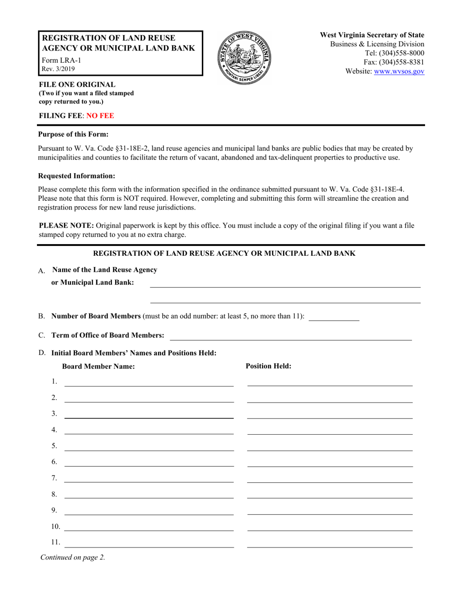 Form LRA-1 Registration of Land Reuse Agency or Municipal Land Bank - West Virginia, Page 1