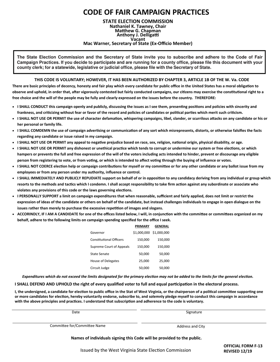 Official Form F-13 Code of Fair Campaign Practices - West Virginia, Page 1