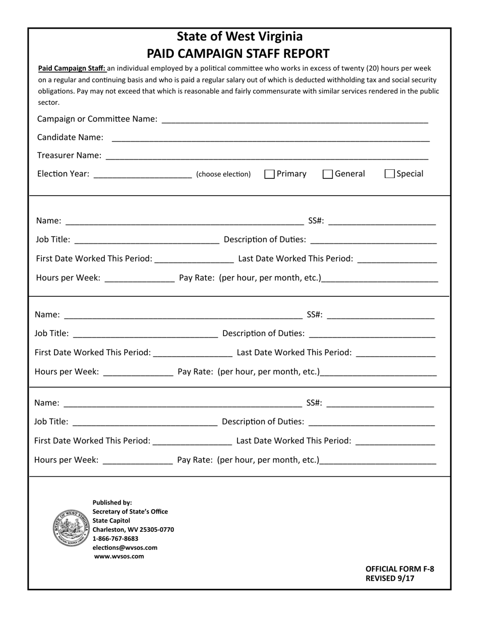Official Form F-8 Paid Campaign Staff Report - West Virginia, Page 1