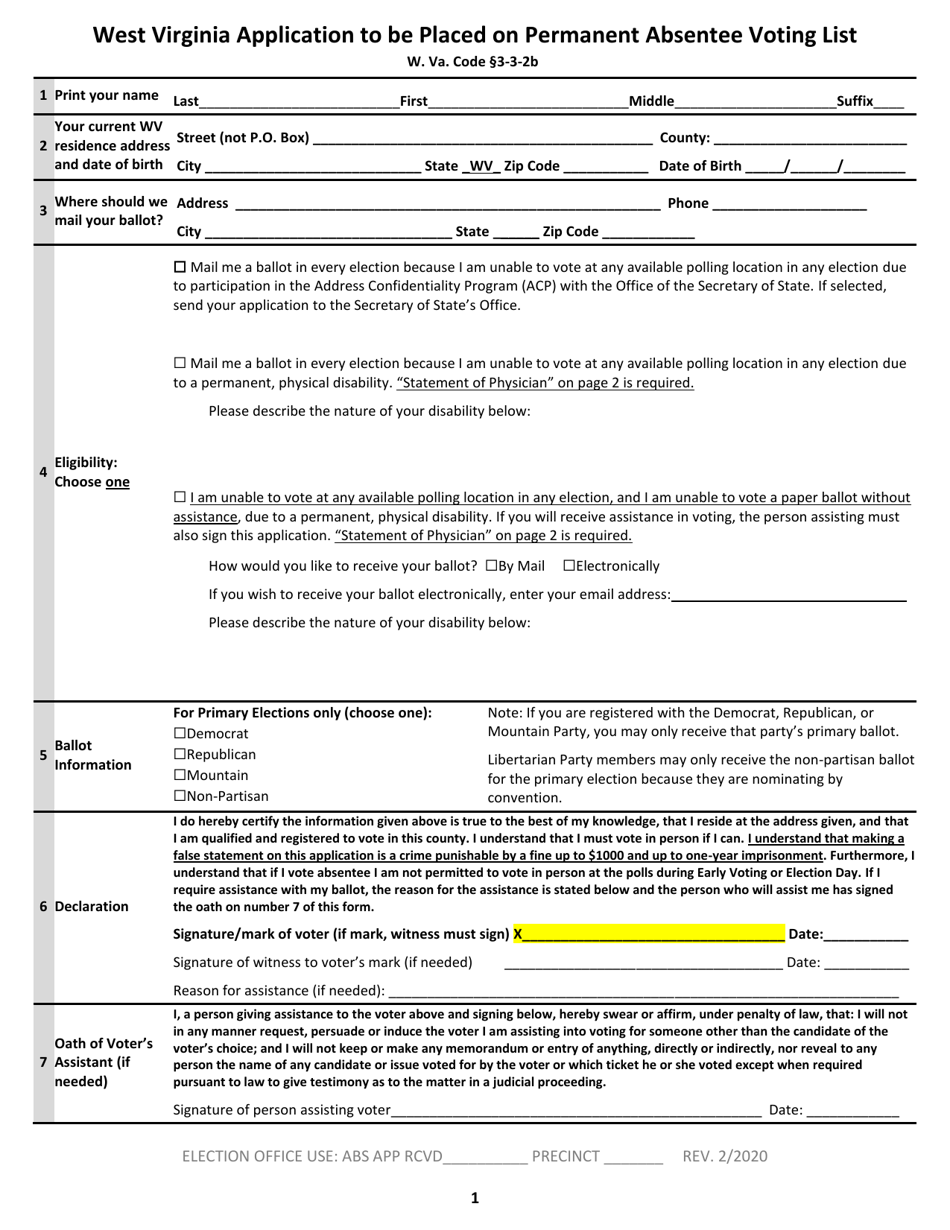West Virginia West Virginia Application to Be Placed on Permanent