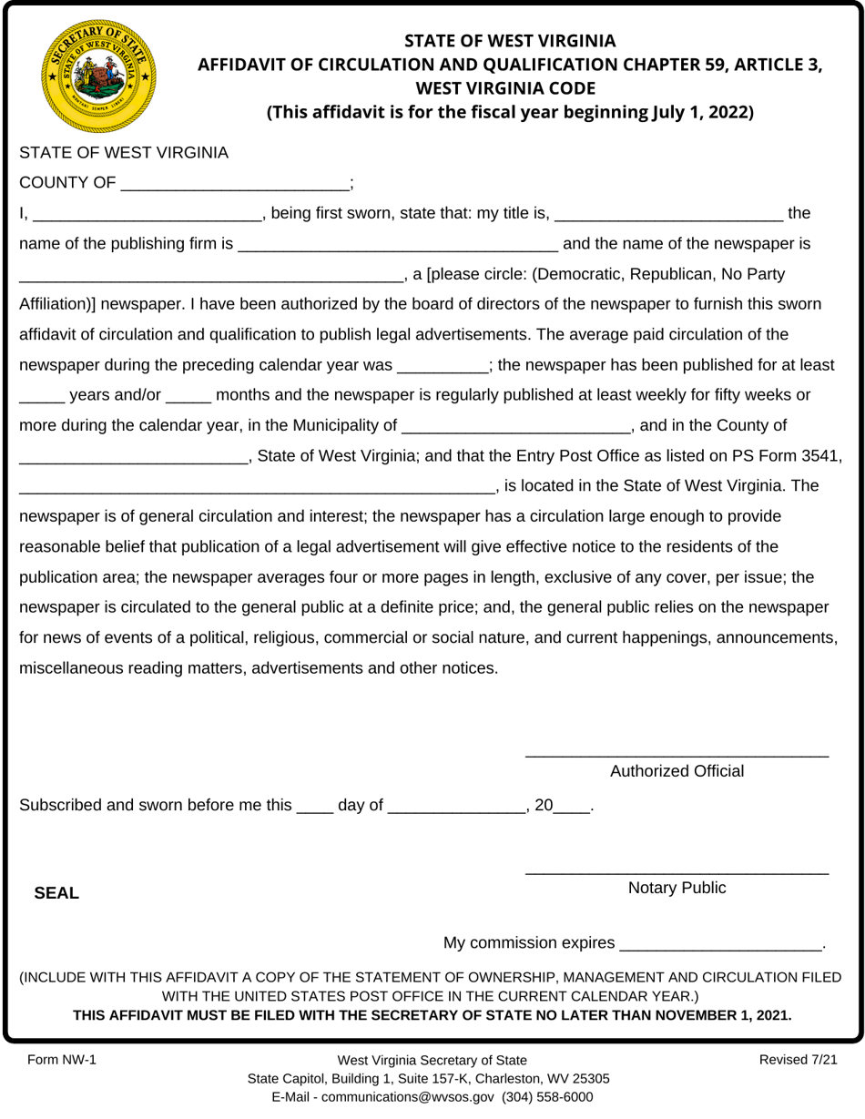 Form NW-1 Affidavit of Circulation and Qualification Chapter 59, Article 3, West Virginia Code - West Virginia, Page 1