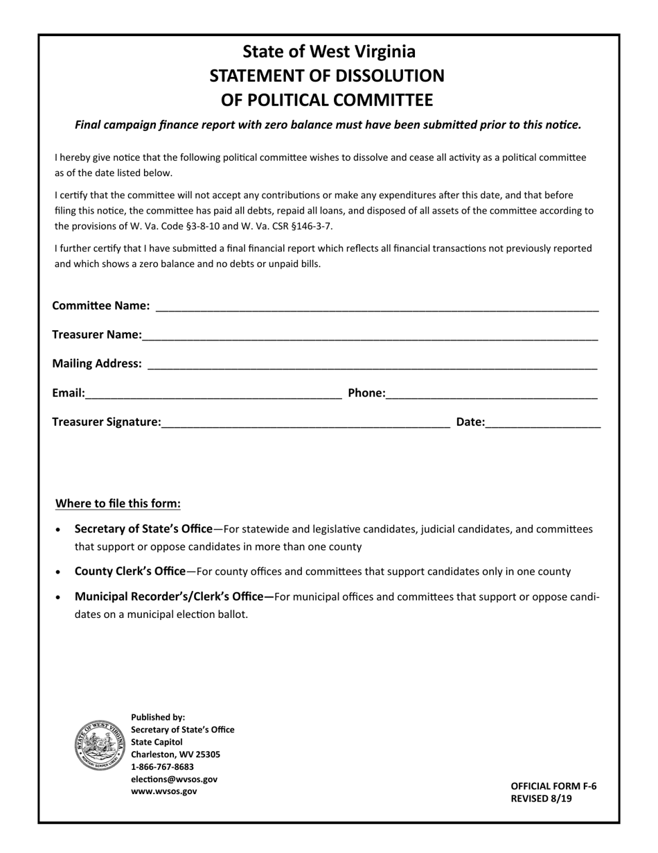 Official Form F-6 Statement of Dissolution of Political Committee - West Virginia, Page 1