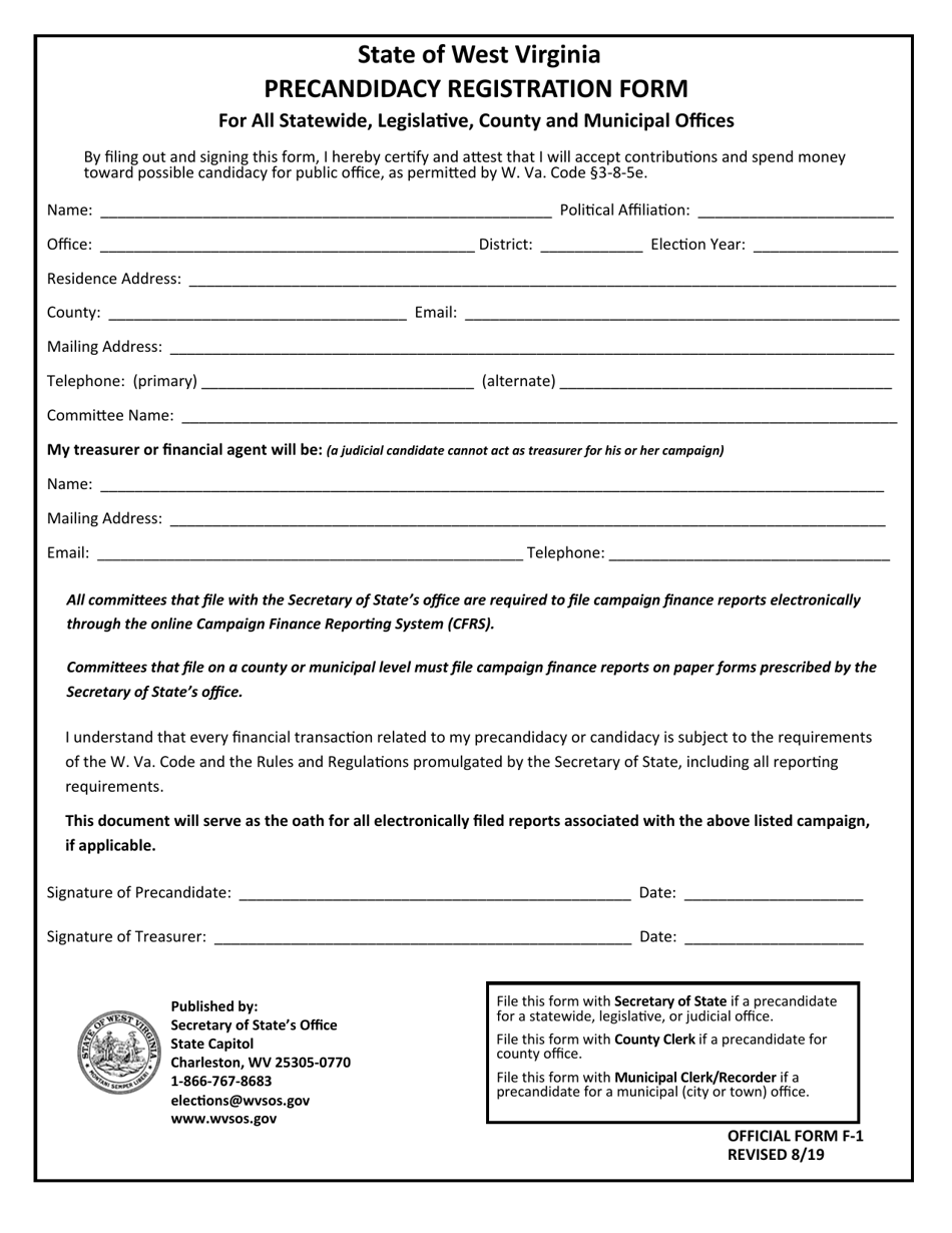 Official Form F-1 Precandidacy Registration Form - West Virginia, Page 1