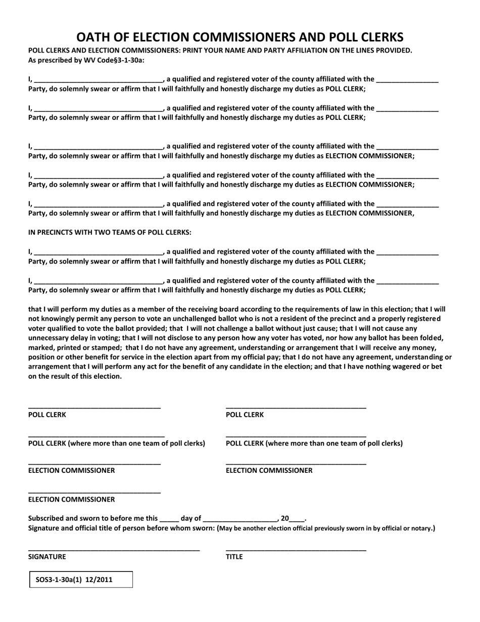 Form SOS3-1-30A(1) Oath of Election Commissioners and Poll Clerks - West Virginia, Page 1