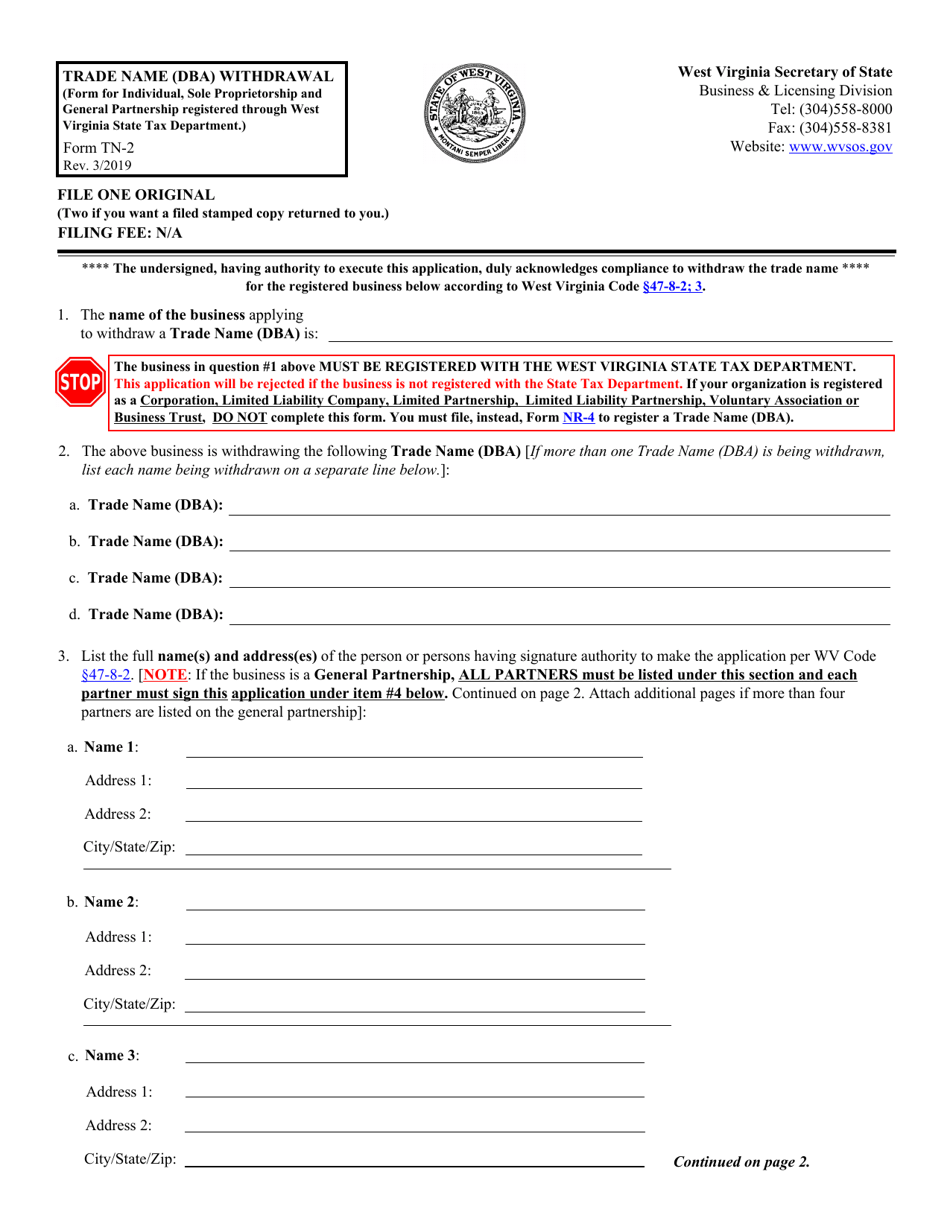 Form TN-2 Trade Name (Dba) Withdrawal (Individual, Sole Proprietorship, General Partnership) - West Virginia, Page 1