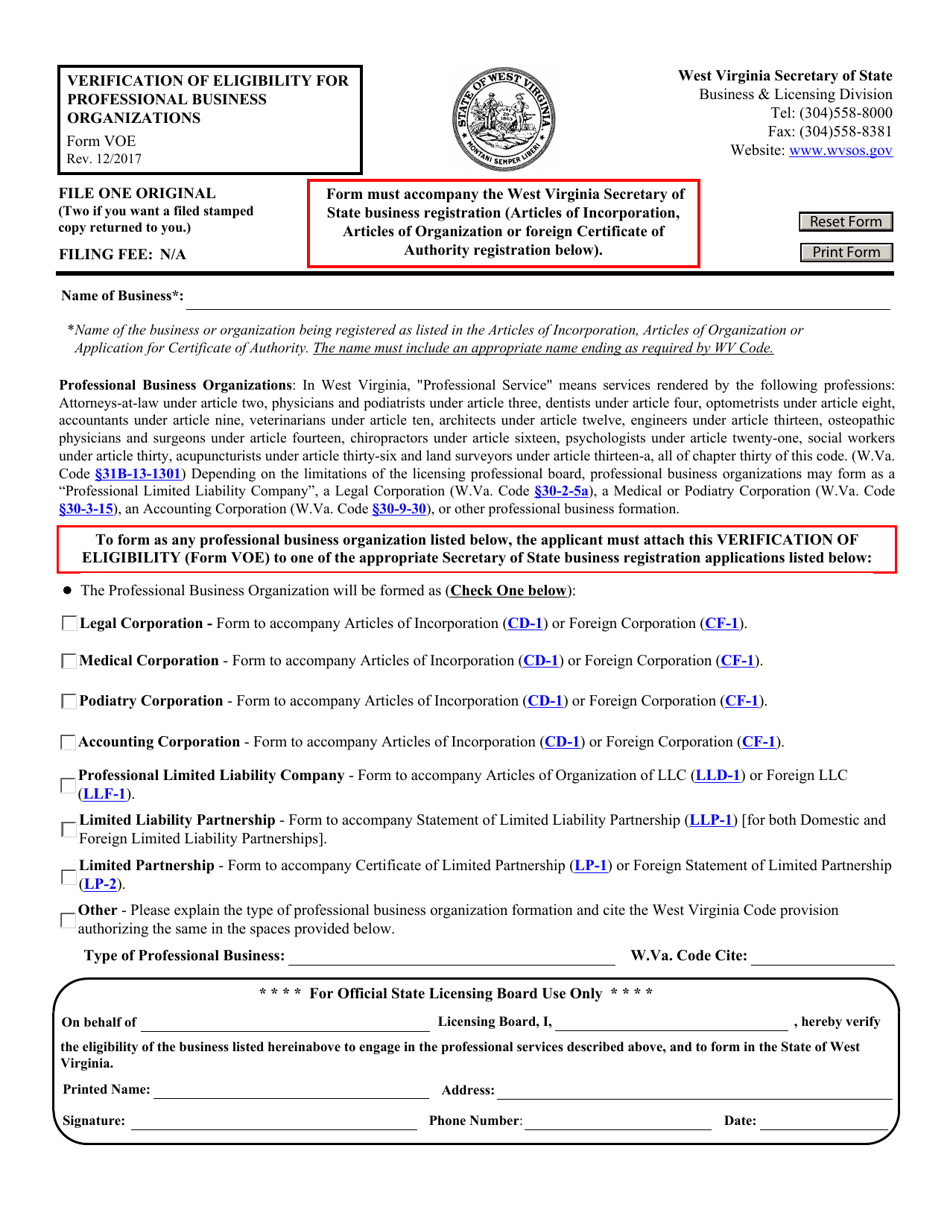 Form VOE Verification of Eligibility for Professional Business Organizations - West Virginia, Page 1