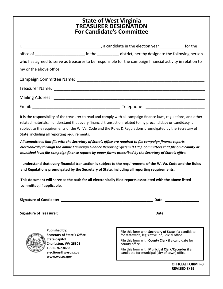 Official Form F-3 Treasurer Designation for Candidates Committee - West Virginia, Page 1